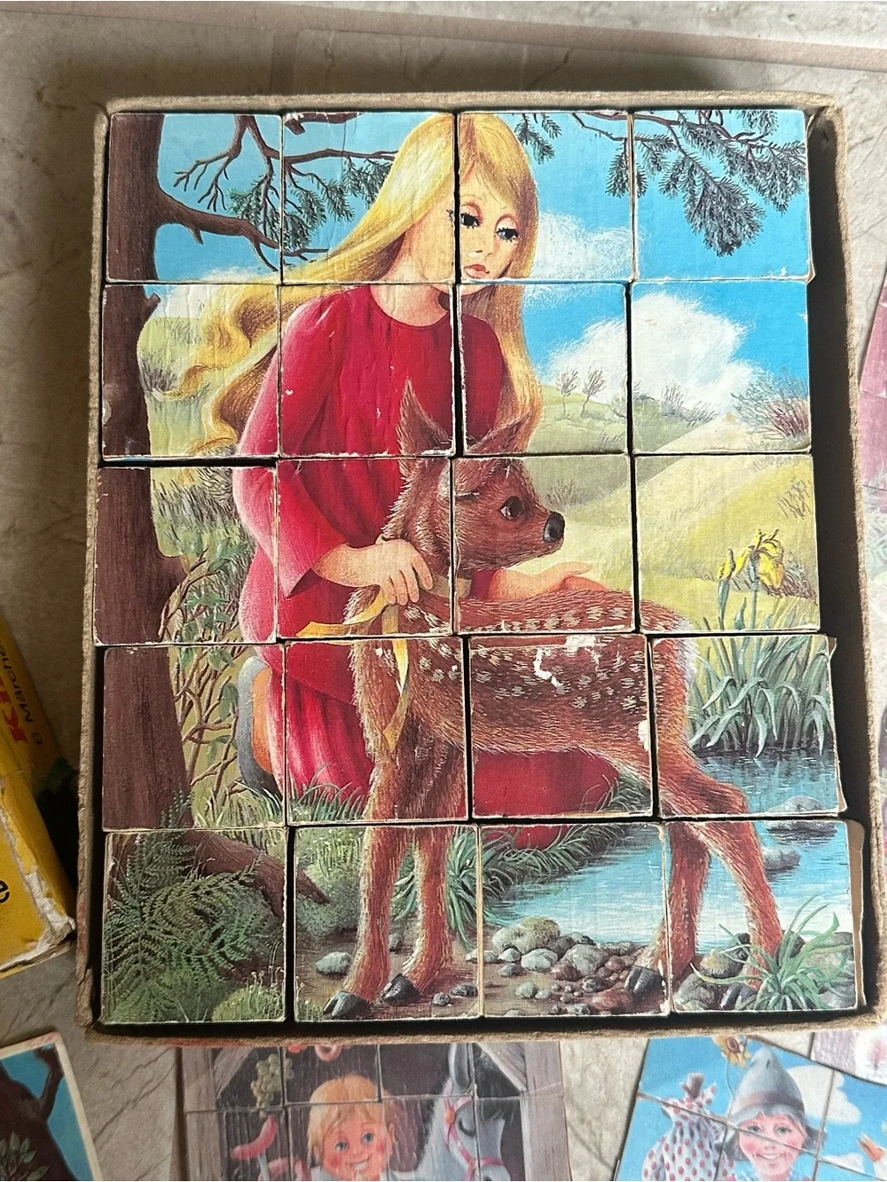 Grimm’s Fairy Tales vintage wooden puzzle blocks complete set wood toy